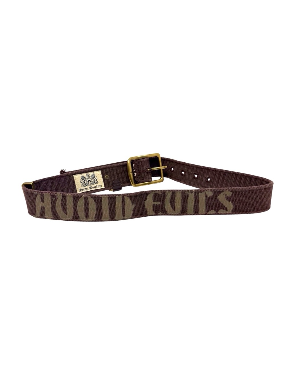 Juicy Couture Avoid Evils Brown canvas belt w/brass buckle 40 inches long EUC